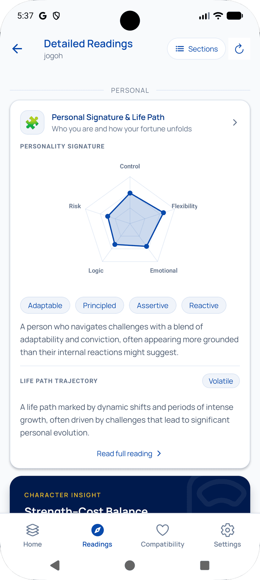 Detailed reading showing personality signature radar chart