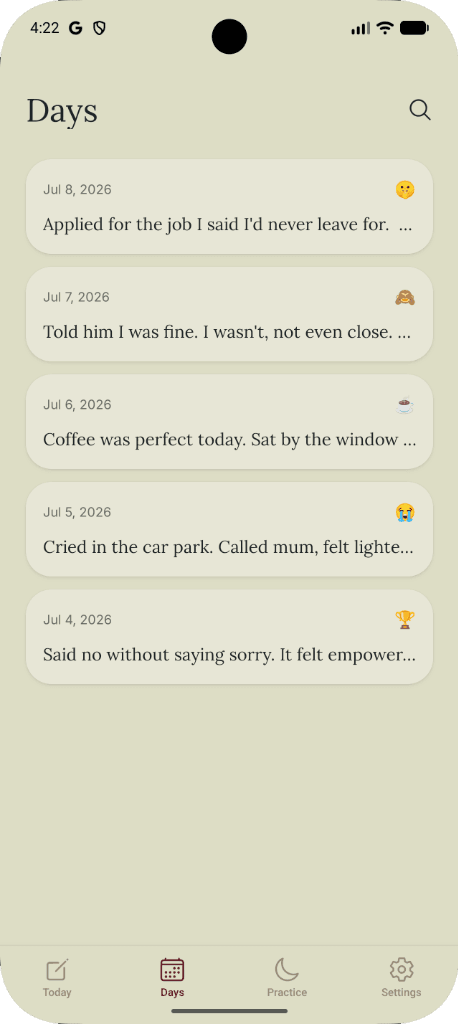 Duskling days timeline with previous entries and mood stamps