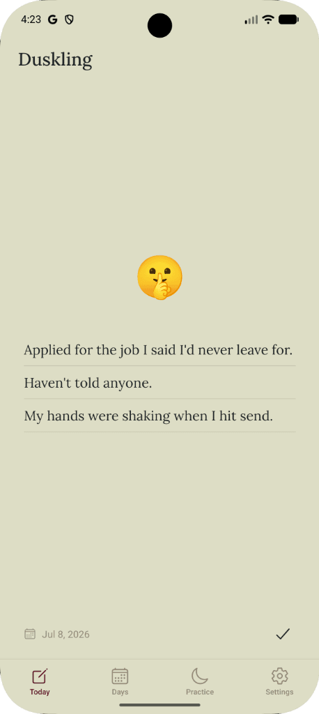 Duskling write screen with 3 short lines and emoji prompt