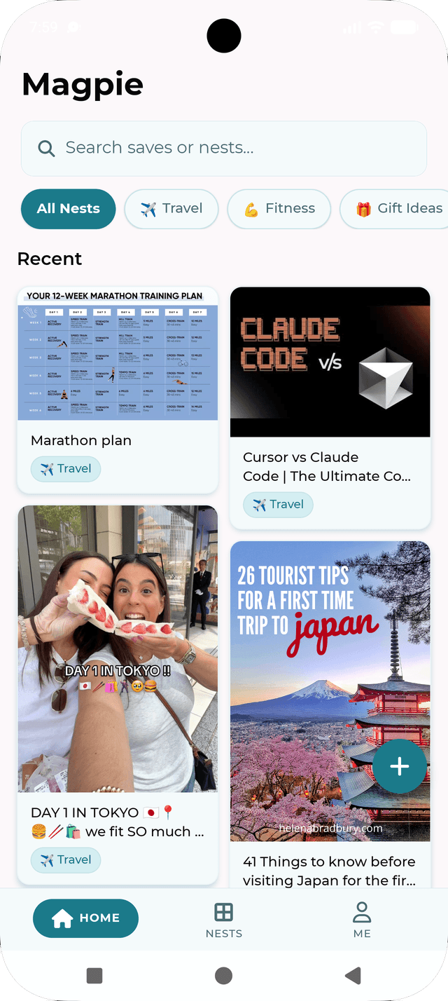 Magpie home screen showing search and nested screenshot collections