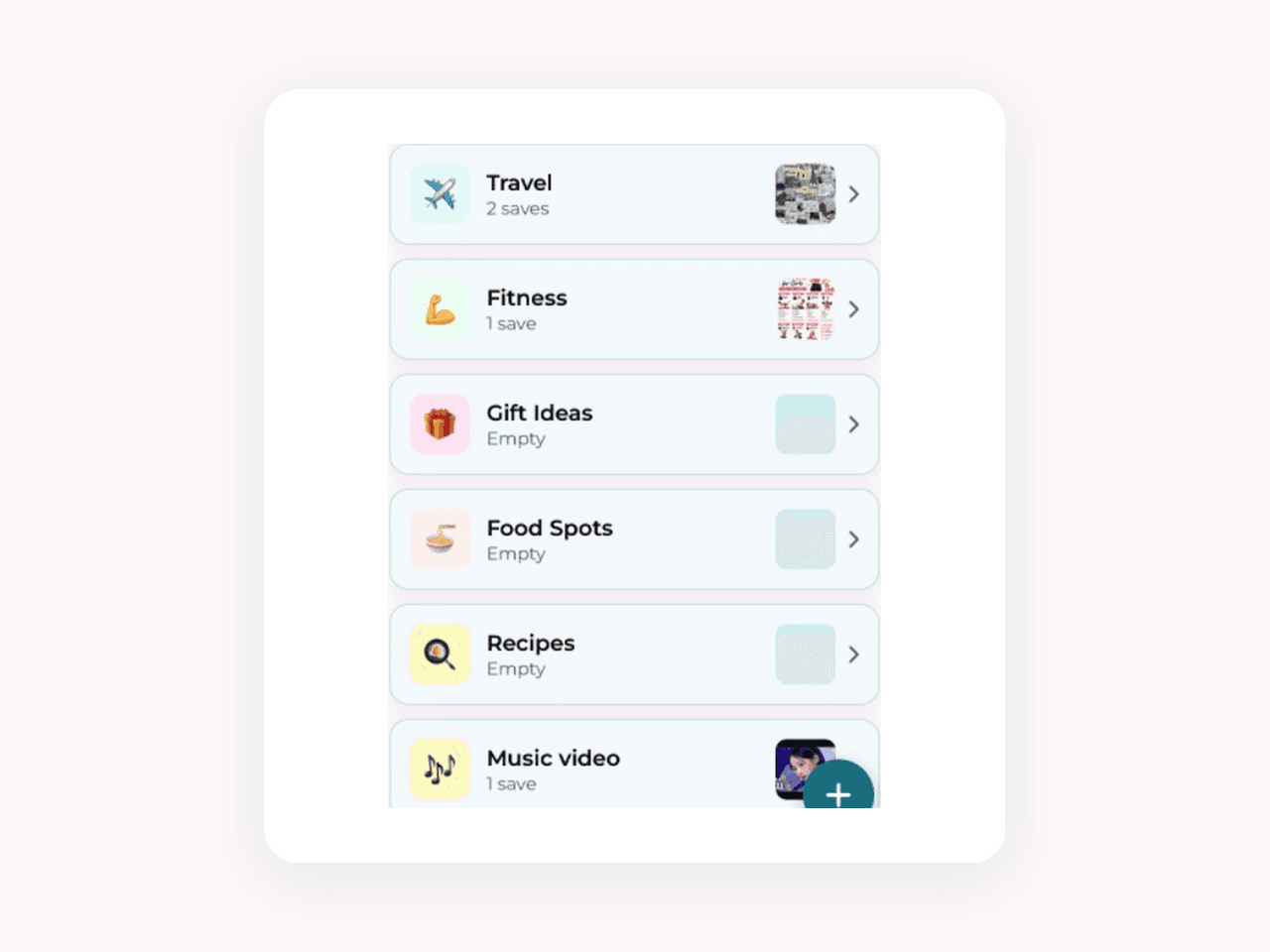 Magpie Nests list showing Travel, Fitness, Gift Ideas, Food Spots, and Recipes