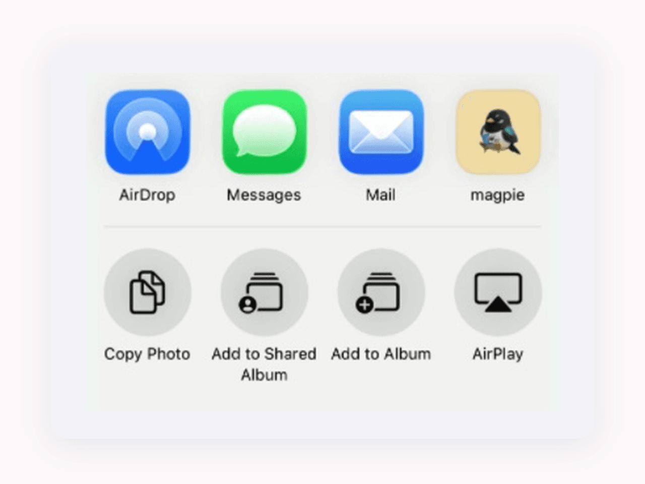 iOS Share Sheet showing Magpie app icon ready for instant capture